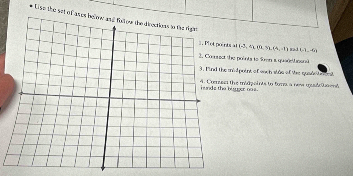 Use the set of axes below
nts at (-3,4), (0,5), (4,-1) and (-1,-6)
t the points to form a quadrilateral
e midpoint of each side of the quadrilateral
ct the midpoints to form a new quadrilateral
e bigger one.