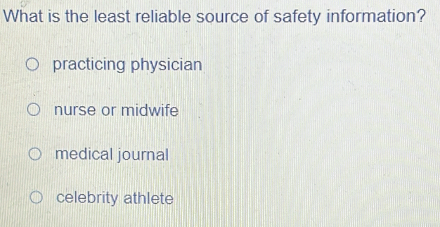 What is the least reliable source of safety information?
practicing physician
nurse or midwife
medical journal
celebrity athlete