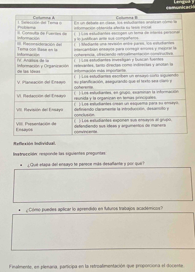 Lengua y 
comunicació 
Reflexión Individual. 
* Instrucción: responde las siguientes preguntas: 
¿Qué etapa del ensayo te parece más desafiante y por qué? 
¿Cómo puedes aplicar lo aprendido en futuros trabajos académicos? 
Finalmente, en plenaria, participa en la retroalimentación que proporciona el docente.