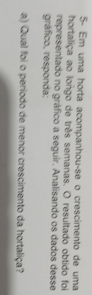 5- Em uma horta acompanhouçse o crescimento de uma 
hortaliça ao longo de três semanas. O resultado obtido foi 
representado no gráfico a seguir. Analisando os dados desse 
gráfico, responda: 
a) Qual foi o período de menor crescimento da hortaliça?