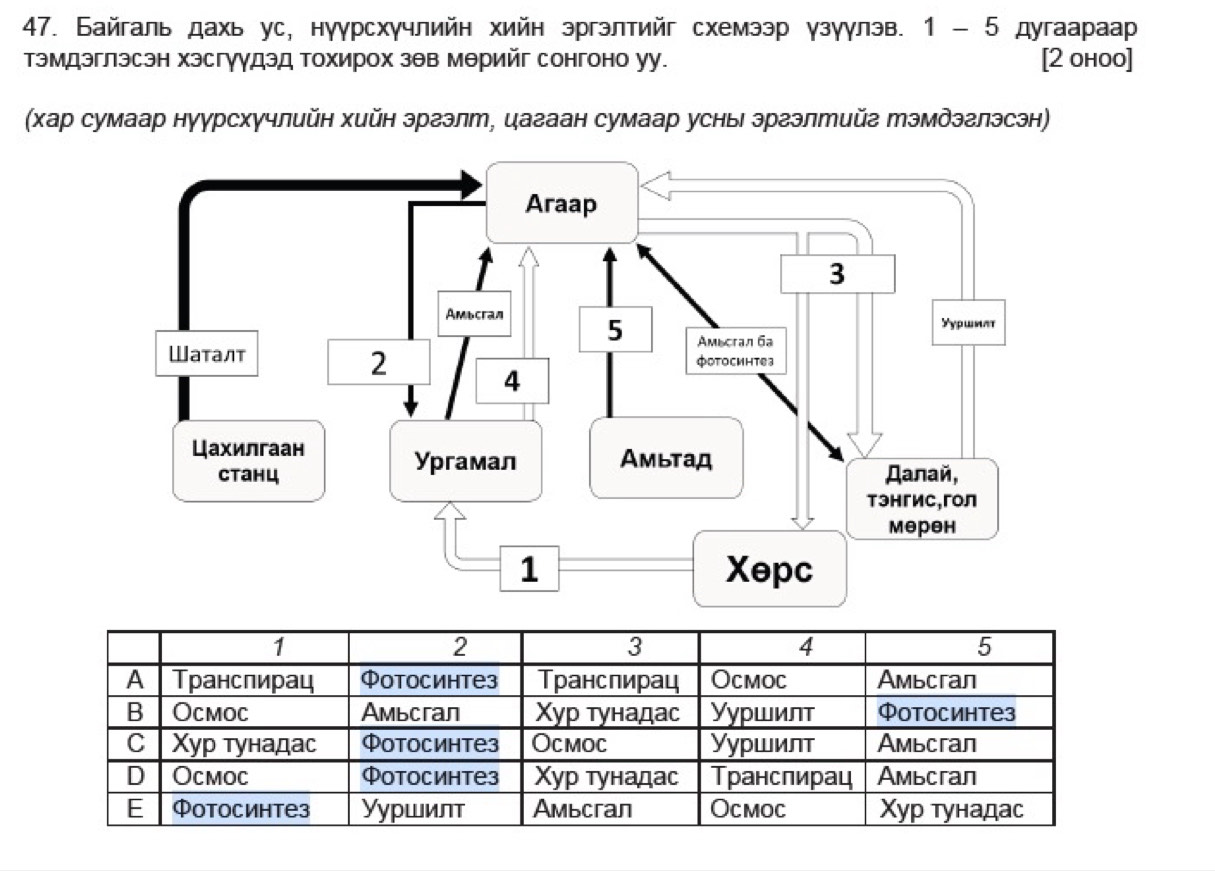 Байгаль дахь ус, нуγрсхγчлийн хийн эргэлтийг схемээр γзуγлэв. 1 - 5 дyraapaap 
тэмдэглэсэн хэсгγγдэд тохирох зθв мθрийг сонгоно уу. [2 ohoo] 
(Χар сумаар нуγрсхγчлийн хийн эргэлт, цаваан сумаар усныΙ эргэлтий Мэмдэглэсэн)