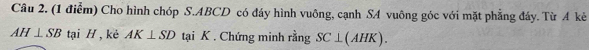 Cho hình chóp S. ABCD có đáy hình vuông, cạnh SA vuông góc với mặt phẳng đáy. Từ A kẻ
AH⊥ SB tại H , kè AK⊥ SD tại K. Chứng minh rằng SC⊥ (AHK).