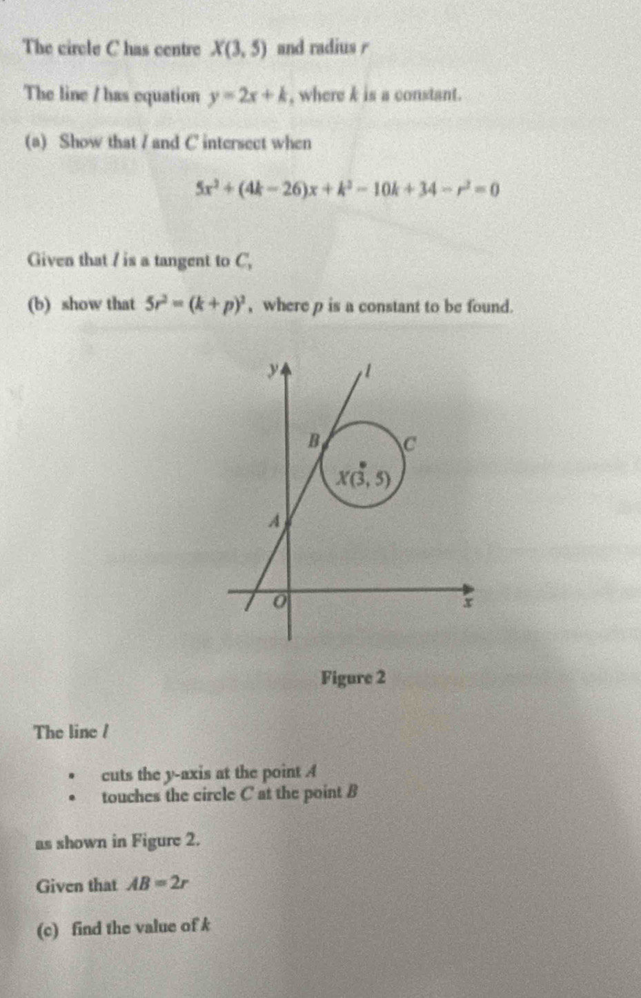 The circle C has centre X(3,5) and radius r
The line / has equation y=2x+k , where k is a constant. 
(a) Show that / and C intersect when
5x^2+(4k-26)x+k^2-10k+34-r^2=0
Given that / is a tangent to C, 
(b) show that 5r^2=(k+p)^2 , where p is a constant to be found.
y
1
B
C
X(3,5)
A 
Figure 2 
The line / 
cuts the y-axis at the point A
touches the circle C at the point B
as shown in Figure 2. 
Given that AB=2r
(c) find the value of k