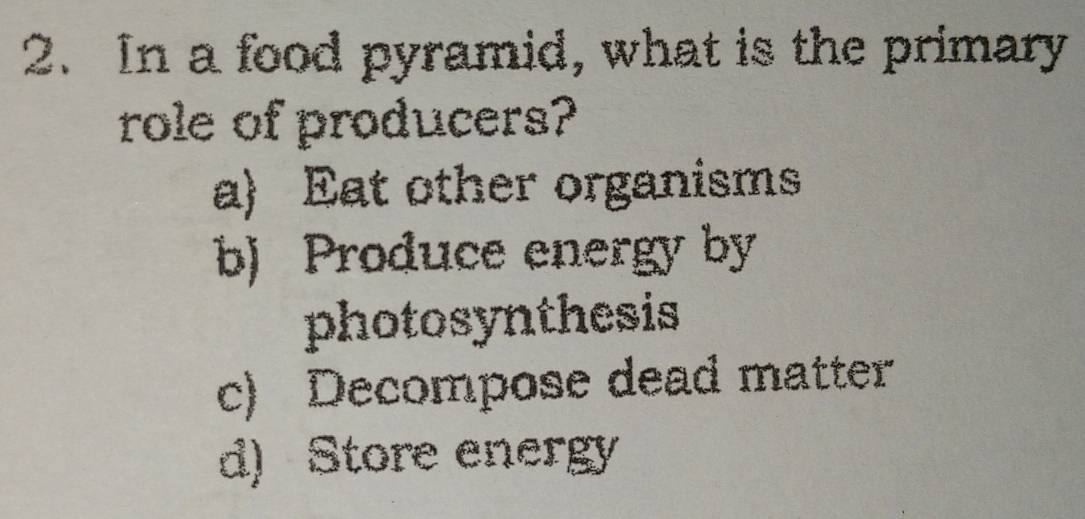 In a food pyramid, what is the primary
role of producers?
a) Eat other organisms
b) Produce energy by
photosynthesis
c) Decompose dead matter
d) Store energy