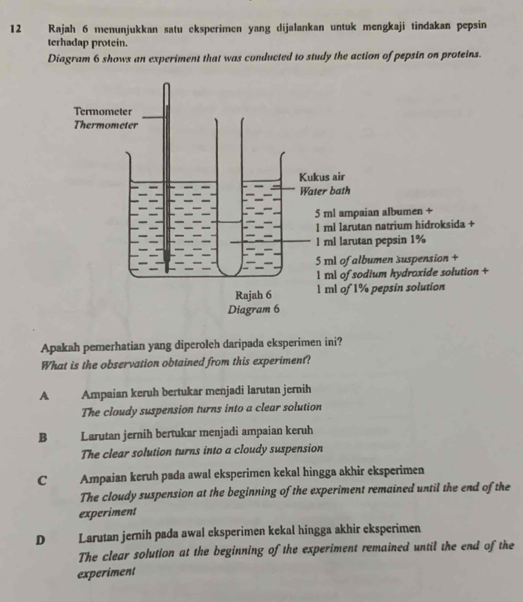 Rajah 6 menunjukkan satu eksperimen yang dijalankan untuk mengkaji tindakan pepsin
terhadap protein.
Diagram 6 shows an experiment that was conducted to study the action of pepsin on proteins.
an albumen +
n natrium hidroksida +
n pepsin 1%
umen suspension +
ium hydroxide solution +
pepsin solution
Apakah pemerhatian yang diperoleh daripada eksperimen ini?
What is the observation obtained from this experiment?
A Ampaian keruh bertukar menjadi larutan jernih
The cloudy suspension turns into a clear solution
B Larutan jernih bertukar menjadi ampaian keruh
The clear solution turns into a cloudy suspension
C Ampaian keruh pada awal eksperimen kekal hingga akhir eksperimen
The cloudy suspension at the beginning of the experiment remained until the end of the
experiment
D Larutan jernih pada awal eksperimen kekal hingga akhir eksperimen
The clear solution at the beginning of the experiment remained until the end of the
experiment