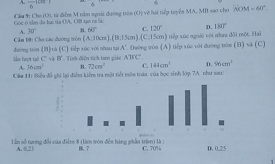 A. frac 6(cm^-)
D. ( 6
Câu 9: Cho (O), từ điểm M nằm ngoài đường tròn (O) vẽ hai tiếp tuyến MA, MB sao cho AOM=60°. 
Góc ở tâm do hai tia OA, OB tạo ra là:
A. 30° B. 60° C. 120° D. 180°
Câu 10: Cho các đường tròn (A:10cm), (B:15cm), (C:15cm) tiếp xúc ngoài với nhau đôi một. Hai
đường tròn (B)và (C) tiếp xúc với nhau tại A'. Đường tròn (A) tiếp xúc với đường tròn (B) và (C)
lần lượt tại C' và B'. Tinh diện tích tam giác A'B'C'.
A. 36cm^2 B. 72cm^2 C. 144cm^2 D. 96cm^2
Câu 11: Biểu đồ ghi lại điểm kiểm tra một tiết môn toán của học sinh lớp 7A như sau:
Điểm (x)
Tần số tương đối của điểm 8 (làm tròn đến hàng phần trăm) là :
A. 0,23 B. 7 C. 70% D. 0,25