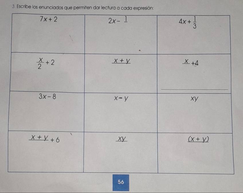 Escribe los enunciados que permiten dar lectura a cada expresión: