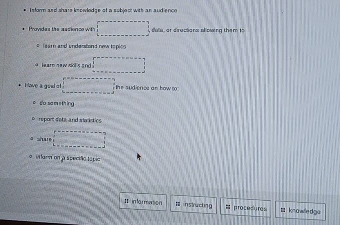 Inform and share knowledge of a subject with an audience 
Provides the audience with , data, or directions allowing them to 
learn and understand new topics 
learn new skills and 
Have a goal of the audience on how to: 
o do something 
o report data and statistics 
share 
inform on a specific topic 
information instructing procedures knowledge