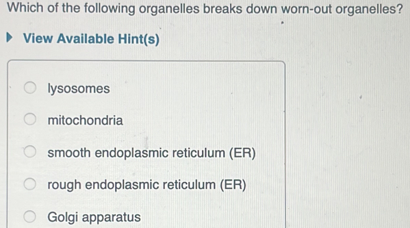 Which of the following organelles breaks down worn-out organelles?
View Available Hint(s)
lysosomes
mitochondria
smooth endoplasmic reticulum (ER)
rough endoplasmic reticulum (ER)
Golgi apparatus