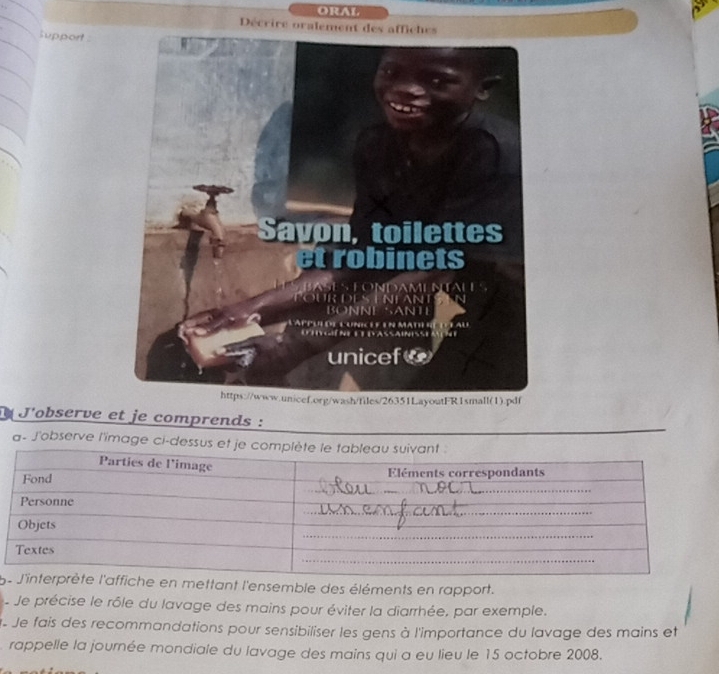 ORAL 
Décrire oralement des a 
support 
à J'observe et je comprends : 
a- J'observe l'image ci 
6ttant l'ensemble des éléments en rapport. 
- Je précise le rôle du lavage des mains pour éviter la diarrhée, par exemple. 
Je fais des recommandations pour sensibiliser les gens à l'importance du lavage des mains et 
rappelle la journée mondiale du lavage des mains qui a eu lieu le 15 octobre 2008.