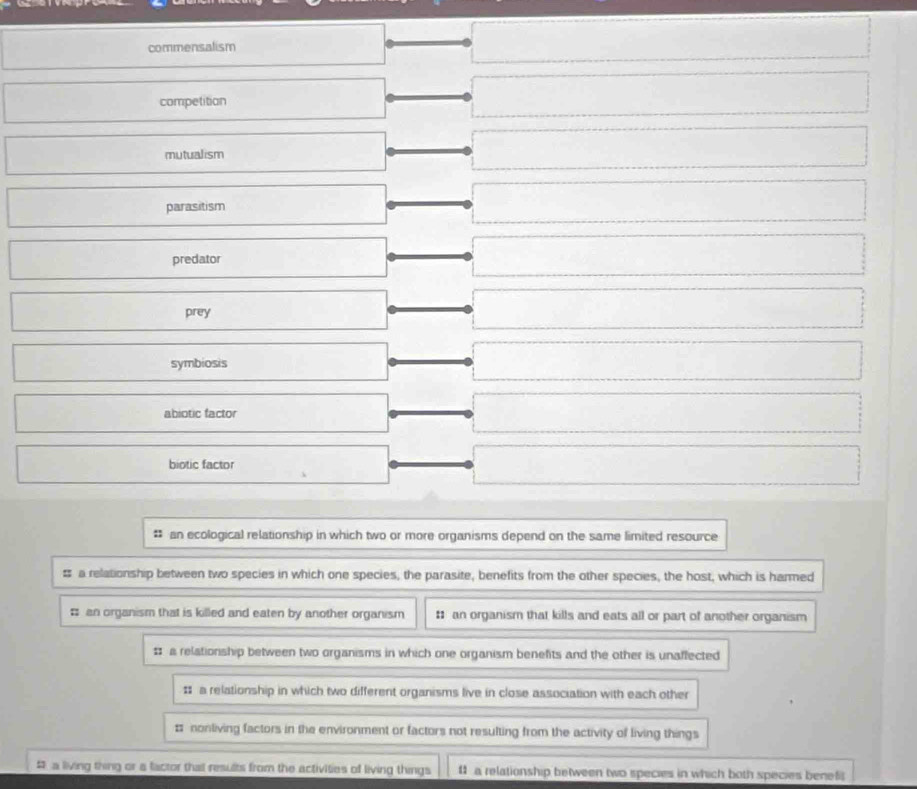 commensalism
∴ △ ADCsim △ ABC°
competition
∴ △ ADC=∠ BCD ∴ △ ADC)△ ACD
mutualism° 
parasitism -frac 7/5 ∴ △ ADC=∠ COD^ 
predator x^(2ABC) ∴ △ ADC=∠ BCD^ 
prey 
□
(-3,4) □  
symbiosis
(-3=∠ )^circ 
abiotic factor 
overline 
□ biotic factor 
□ □  □  
# an ecological relationship in which two or more organisms depend on the same limited resource 
# a relationship between two species in which one species, the parasite, benefits from the other species, the host, which is harmed 
# an organism that is killed and eaten by another organism : an organism that kills and eats all or part of another organism 
# a relationship between two organisms in which one organism benefits and the other is unaffected 
: a relationship in which two different organisms live in close association with each other 
# nonliving factors in the environment or factors not resulting from the activity of living things 
# a living thing or a factor that results from the activities of living things 11 a relationship between two species in which both species benef