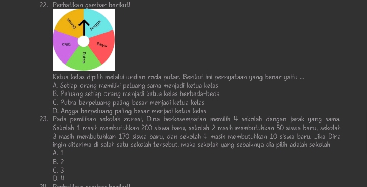 Perhatikan gambar berikut!
Ketua kelas dipilih melalui undian roda putar. Berikut ini pernyataan yang benar yaitu ...
A. Setiap orang memiliki peluang sama menjadi ketua kelas
B. Peluang setiap orang menjadi ketua kelas berbeda-beda
C. Putra berpeluang paling besar menjadi ketua kelas
D. Angga berpeluang paling besar menjadi ketua kelas
23. Pada pemilihan sekolah zonasi, Dina berkesempatan memilih 4 sekolah dengan jarak yang sama.
Sekolah 1 masih membutuhkan 200 siswa baru, sekolah 2 masih membutuhkan 50 siswa baru, sekolah
3 masih membutuhkan 170 siswa baru, dan sekolah 4 masih membutuhkan 10 siswa baru. Jika Dina
ingin diterima di salah satu sekolah tersebut, maka sekolah yang sebaiknya dia pilih adalah sekolah
A. 1
B. 2
C. 3
D. 4