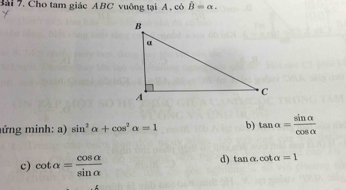 Cho tam giác ABC vuông tại A, có hat B=alpha. 
nứng minh: a) sin^2alpha +cos^2alpha =1
b) tan alpha = sin alpha /cos alpha  
c) cot alpha = cos alpha /sin alpha  
d) tan alpha .cot alpha =1