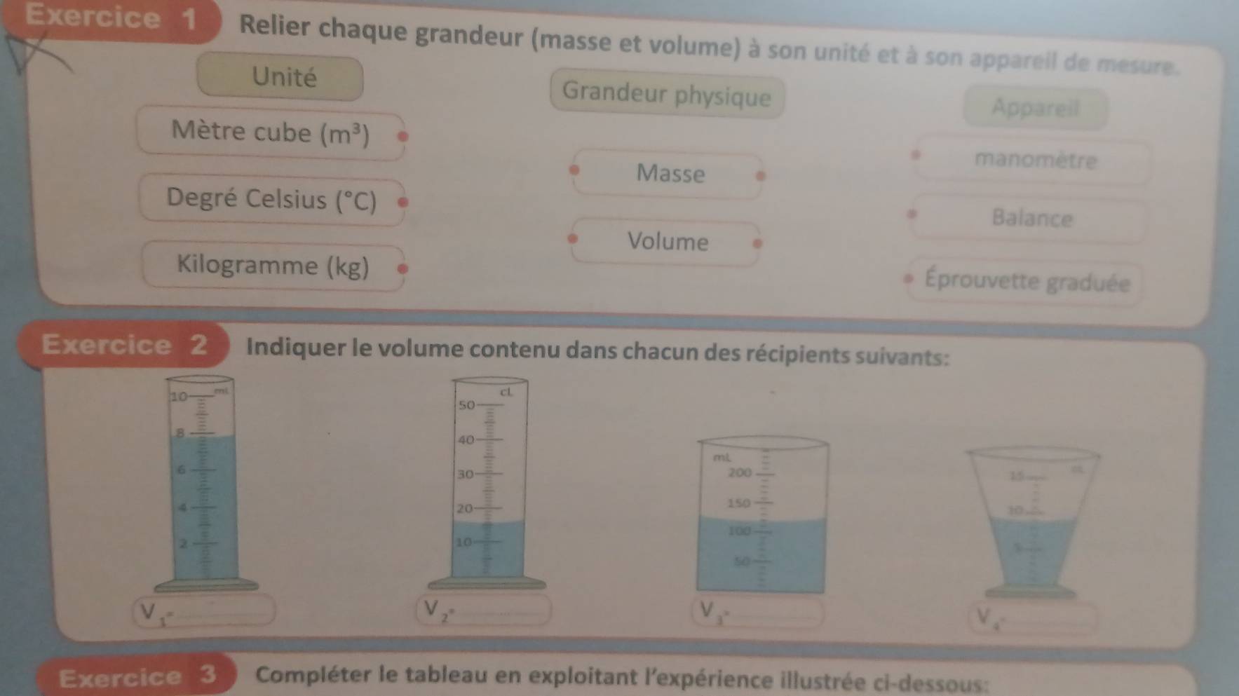 Relier chaque grandeur (masse et volume) à son unité et à son appareil de mesure. 
Unité Grandeur physique 
Appareil 
Mètre cube (m^3)
manomètre 
Masse 
Degré Celsius (^circ C)
Balance 
Volume 
Kilogramme (kg) Éprouvette graduée 
Exercice 2  Indiquer le volume contenu dans chacun des récipients suivants:
10
50
B
40
n 20.00frac frac  □ /□  
6
30
4
20
150 2/□  
beginarrayr 15 7/7  10 1/2 endarray
2
10
beginarrayr 100 2/5  50 5/5 endarray
x^2
V_1-
V_2^n
V_3°
V_4-
Exercice 3 Compléter le tableau en exploitant l'expérience illustrée ci-dessous: