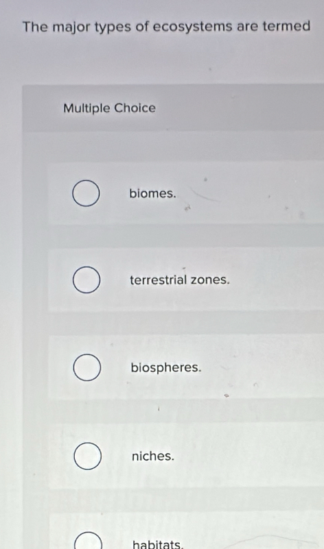 Solved: The major types of ecosystems are termed Multiple Choice biomes ...