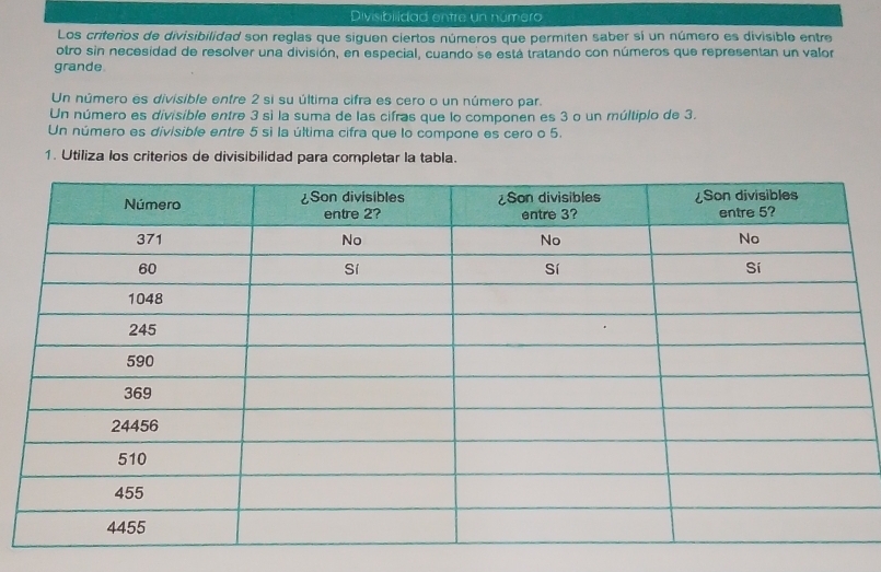 Divisibilldad entre un número
Los criterios de divisibilidad son reglas que siguen ciertos números que permiten saber sí un número es divisible entre
otro sin necesidad de resolver una división, en especial, cuando se está tratando con números que representan un valor
grande
Un número es divisible entre 2 si su última cifra es cero o un número par.
Un número es divisible entre 3 sì la suma de las cifras que lo componen es 3 o un múltiplo de 3.
Un número es divisible entre 5 sì la última cifra que lo compone es cero o 5.
1. Utiliza los criterios de divisibilidad para completar la tabla.