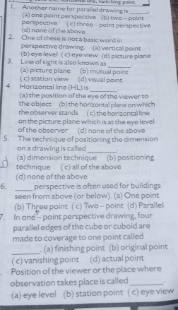 Solved: onzon a ne, vanishing point. l. Another name for parallel ...