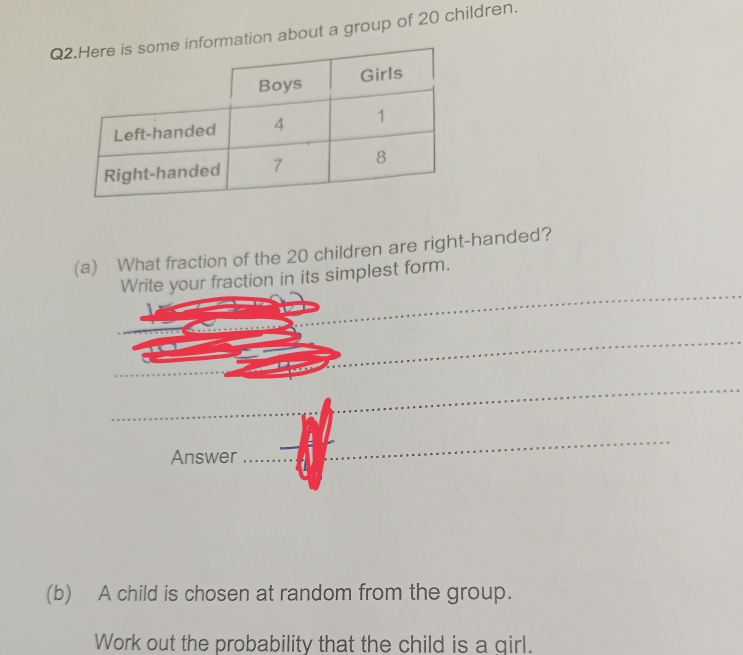 Qon about a group of 20 children. 
(a) What fraction of the 20 children are right-handed? 
your fraction in its simplest form. 
Answer 
(b) A child is chosen at random from the group. 
Work out the probability that the child is a qirl.