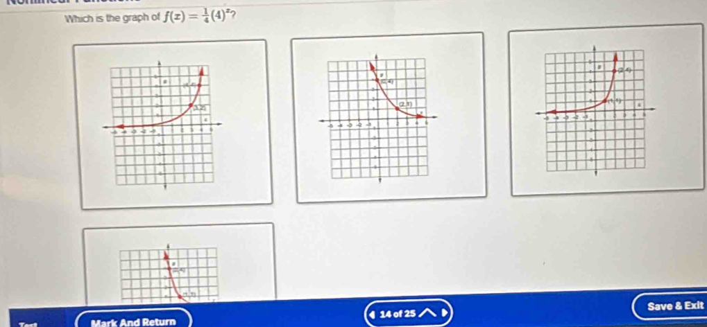 Which is the graph of f(x)= 1/4 (4)^x 2 

14 of 25 Save & Exit 
Mark And Return