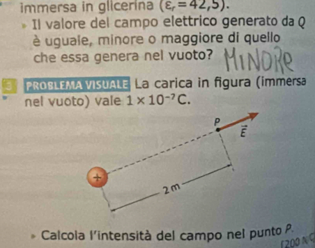 immersa in glicerína (varepsilon _r=42,5). 
Il valore del campo elettrico generato da Q 
è uguale, minore o maggiore di quello 
che essa genera nel vuoto? 
PROBLEMA VISUALE La carica in figura (immersa 
nel vuoto) vale 1* 10^(-7)C. 
P 
E 
+ 
2m 
Calcola l'intensità del campo nel punto P