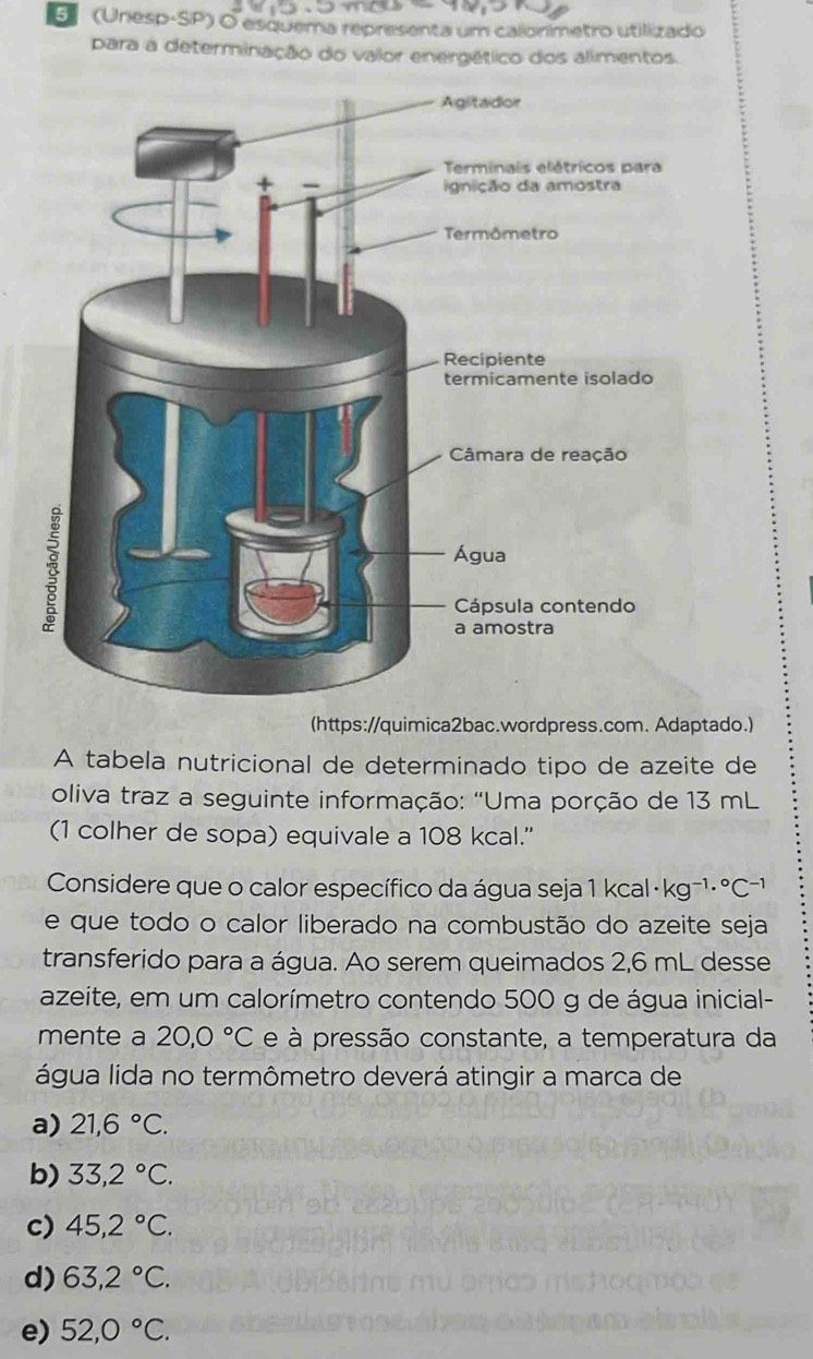 5 (Unesp-SP) O esquema representa um calonmetro utilizado
para a determinação do valor energético dos alimentos.
(https://quimica2bac.wordpress.com. Adaptado.)
A tabela nutricional de determinado tipo de azeite de
oliva traz a seguinte informação: "Uma porção de 13 mL
(1 colher de sopa) equivale a 108 kcal.'
Considere que o calor específico da água seja 1kcal· kg^(-1)·°C^(-1)
e que todo o calor liberado na combustão do azeite seja
transferido para a água. Ao serem queimados 2,6 mL desse
azeite, em um calorímetro contendo 500 g de água inicial-
mente a 20,0°C e à pressão constante, a temperatura da
água lida no termômetro deverá atingir a marca de
a) 21,6°C.
b) 33,2°C.
c) 45,2°C.
d) 63,2°C.
e) 52,0°C.