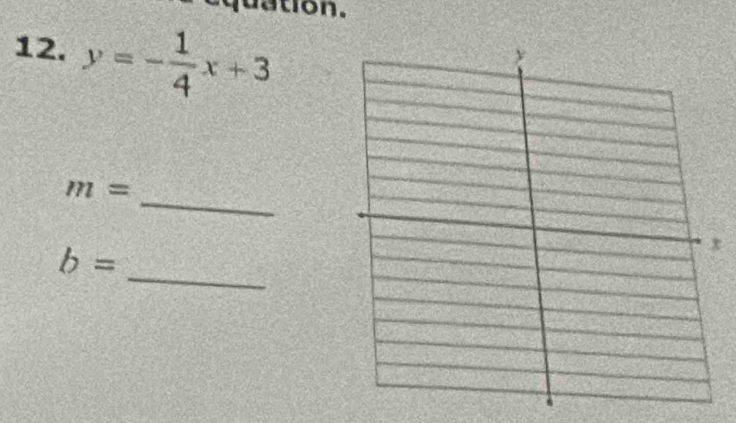 equation. 
12. y=- 1/4 x+3
_
m=
_
b=