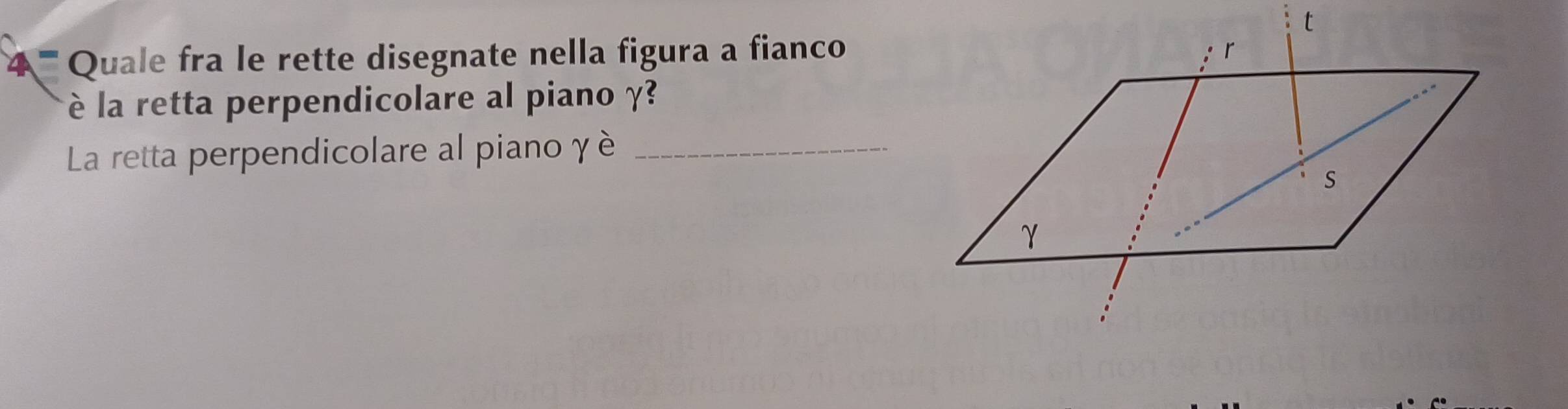 ' ' '''' uale fra le rette disegnate nella figura a fianco 
è la retta perpendicolare al piano γ? 
La retta perpendicolare al piano γè_