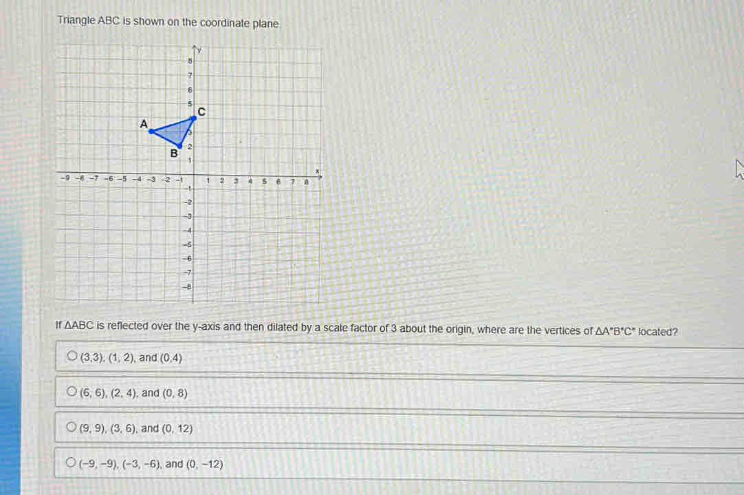 Triangle ABC is shown on the coordinate plane.
If △ ABC is reflected over the y-axis and then dilated by a scale factor of 3 about the origin, where are the vertices of △ A'B'C' located?
(3,3), (1,2) , and (0,4)
(6,6), (2,4) , and (0,8)
(9,9), (3,6) , and (0,12)
(-9,-9), (-3,-6) , and (0,-12)