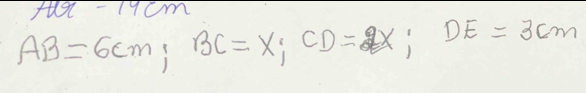 t- 19cm
AB=6cm; BC=X; CD=2X; DE=3cm