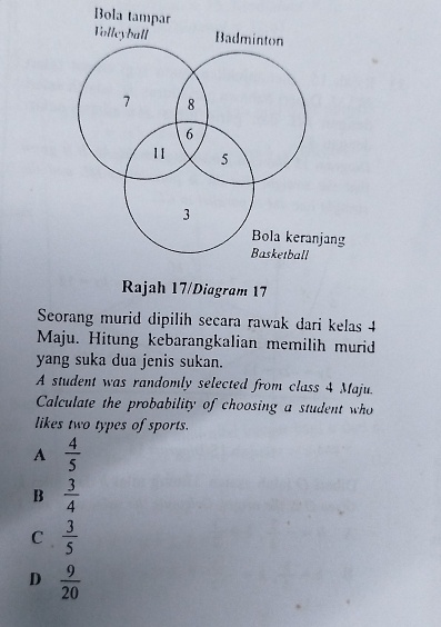 Bola 
Seorang murid dipilih secara rawak dari kelas 4
Maju. Hitung kebarangkalian memilih murid
yang suka dua jenis sukan.
A student was randomly selected from class 4 Maju.
Calculate the probability of choosing a student who
likes two types of sports.
A  4/5 
B  3/4 
C  3/5 
D  9/20 