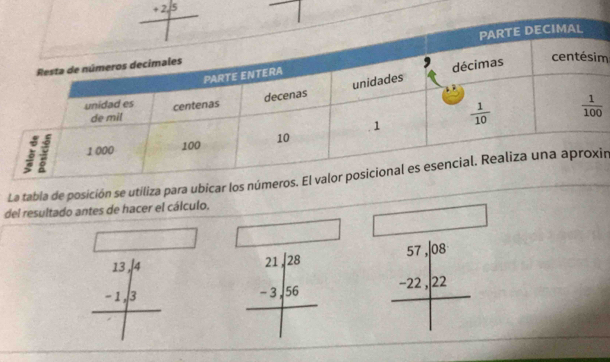 La tabla de posición se utiliza para ubicar los núir
del resultado antes de hacer el cálculo.
□ □ □
beginarrayr 13.13 -1.3 hline □ endarray beginarrayr 21.28 -3.56 hline endarray beginarrayr 57,|08 -22,|22endarray