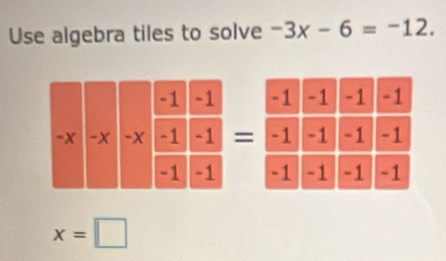 Use algebra tiles to solve -3x-6=-12. 

=

x=□