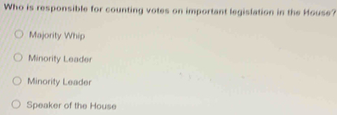 Who is responsible for counting votes on important legislation in the House?
Majority Whip
Minority Leader
Minority Leader
Speaker of the House