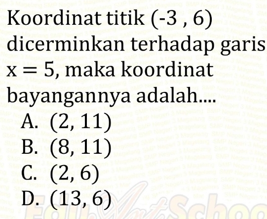 Koordinat titik (-3,6)
dicerminkan terhadap garis
x=5 , maka koordinat
bayangannya adalah....
A. (2,11)
B. (8,11)
C. (2,6)
D. (13,6)