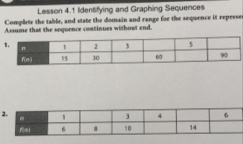 Lesson 4.1 Identifying and Graphing Sequences 
Complete the table, and state the domain and range for the sequence it represes 
Assume that the sequence continues without end.