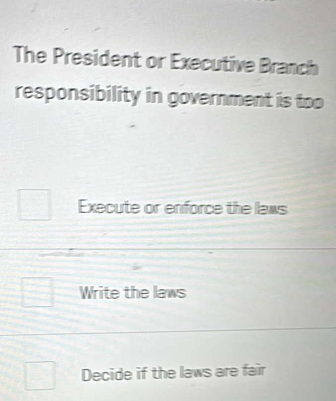 The President or Executive Branch
responsibility in government is too
Execute or enforce the laws
Write the laws
Decide if the laws are fair