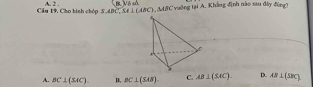 A. 2 . B. Vô số.
Câu 19. Cho hình chóp S.ABC, SA⊥ (ABC), △ ABC vuông tại A. Khẳng định nào sau đây đúng?
A. BC⊥ (SAC). B. BC⊥ (SAB). C. AB⊥ (SAC). D. AB⊥ (SBC).