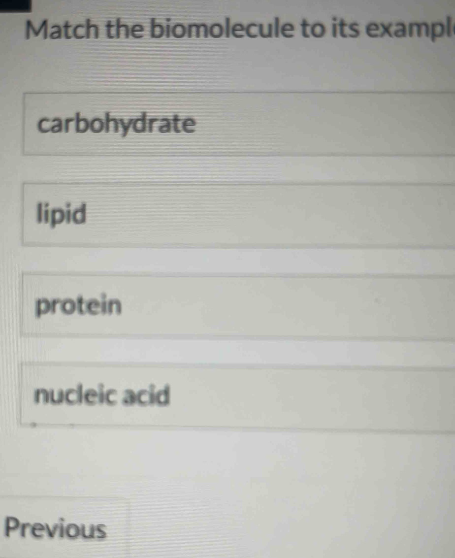 Match the biomolecule to its exampl
carbohydrate
lipid
protein
nucleic acid
Previous