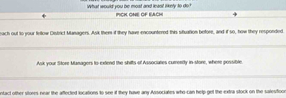 What would you be most and least likely to do? 
PICK ONE OF EACH 
each out to your fellow District Managers. Ask them if they have encountered this situation before, and if so, how they responded. 
Ask your Store Managers to extend the shifts of Associates currently in-store, where possible. 
ntact other stores near the affected locations to see if they have any Associates who can help get the extra stock on the salesfloo