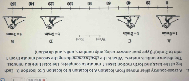 REQUIRED 2 
2. A cross-country skier moves from location A to location B to location C to location D. Each 
leg of the back and forth motion takes 1 minute to complete; the total time is 3 minutes. 
The distance units is meters. What is the displacement during the second minute (from 1
min to 2 min)? (type your answer using only numbers, units, and direction) 
C 
A West East D 
B
t=0min t=2min
t=3min t=1min
0 20 4 60 80 100 120 140 160