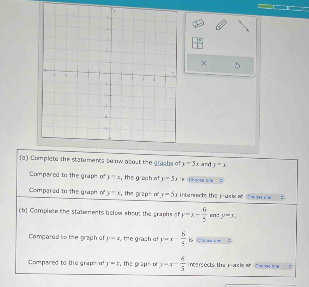 × 
(a) Complete the statements below about the graphs of y=5x and y=x. 
Compared to the graph of y=x , the graph of y=5x is Choose one 
Compared to the graph of y=x , the graph of y=5x intersects the y-axis at Choose one 。 
(b) Complete the statements below about the graphs of y=x- 6/5  and y=x. 
Compared to the graph of y=x , the graph of y=x- 6/5  is Choose one 
Compared to the graph of y=x , the graph of y=x- 6/5  intersects the y-axis at Choose one 。