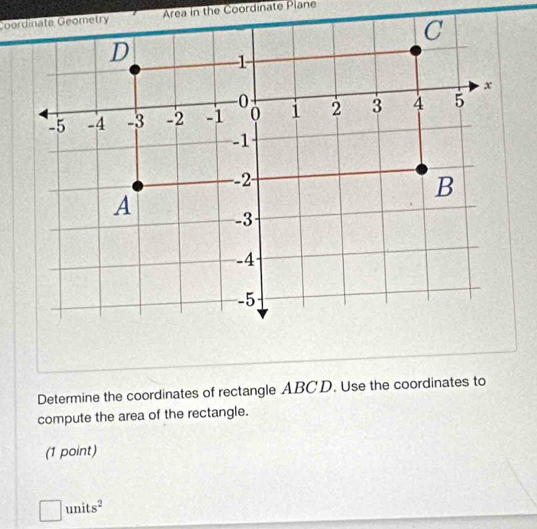 Area in the Coordinate Plane 
Determine the coordinates of rectangle ABCD. Use the coordinates to 
compute the area of the rectangle. 
(1 point) 
□ units^2