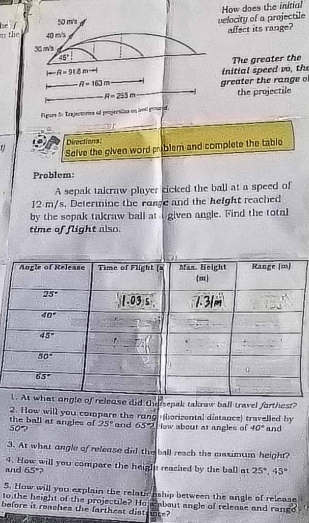 he /How does the initial
velocity of a projectile
m th
affect its range?
The greater the
initial speed vo, the
greater the range o
the projectile
Directions:
Solve the given word priblem and complete the table
Problem:
A sepak takraw player cicked the ball at a speed of
12 m/s, Deterine the range and the height reached
by the sepak takraw ball at a given angle. Find the total
time of flight also.
ase did the sepak takraw ball travel farthest?
2. How will you compare the rang (horisontal distance) travelled by
the ball at angles of 25°
50? and 65° Now about at angles of 40° and
3. At what angle of release did the ball reach the maximum height?
4. How will you compare the height reached by the ball at
and 65° 25°,45°
5. How will you explain the relatic nship between the angle of release
to the height of the projectile? Ho mbout angle of release and rango
before it reaches the farthest dist inte?