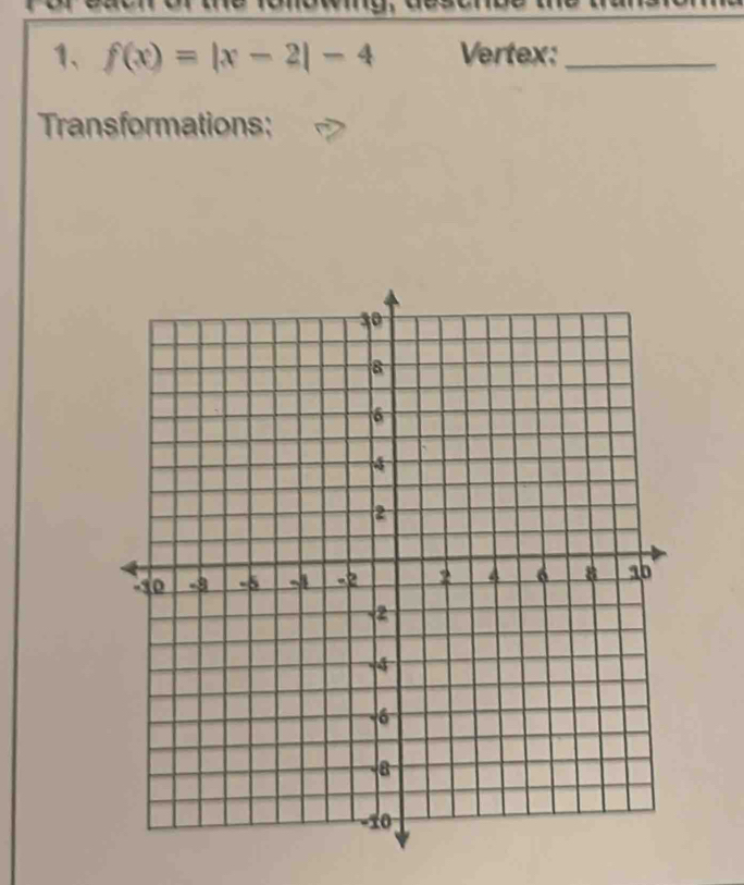 f(x)=|x-2|-4 Vertex:_ 
Transformations: