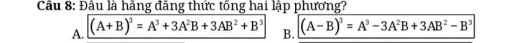 Cầu 8: Đầu là hãng đăng thức tổng hai lập phương?
A. (A+B)^3=A^3+3A^2B+3AB^2+B^3 B. (A-B)^3=A^3-3A^2B+3AB^2-B^3