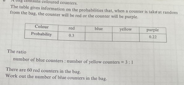 Solved: A bag contains coloured counters. The table gives information ...