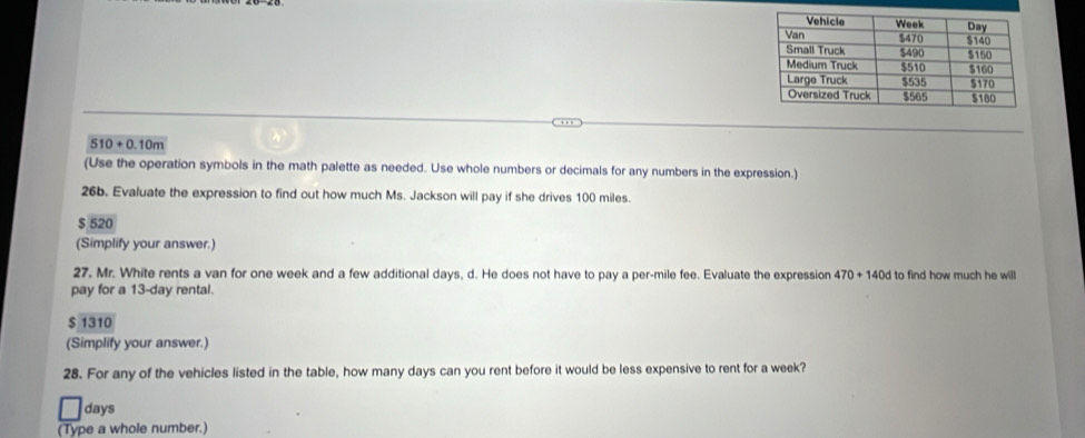 510+0.10m
(Use the operation symbols in the math palette as needed. Use whole numbers or decimals for any numbers in the expression.) 
26b. Evaluate the expression to find out how much Ms. Jackson will pay if she drives 100 miles.
$ 520
(Simplify your answer.) 
27. Mr. White rents a van for one week and a few additional days, d. He does not have to pay a per-mile fee. Evaluate the expression 470+140d to find how much he will 
pay for a 13-day rental.
$ 1310
(Simplify your answer.) 
28. For any of the vehicles listed in the table, how many days can you rent before it would be less expensive to rent for a week?
days
(Type a whole number.)