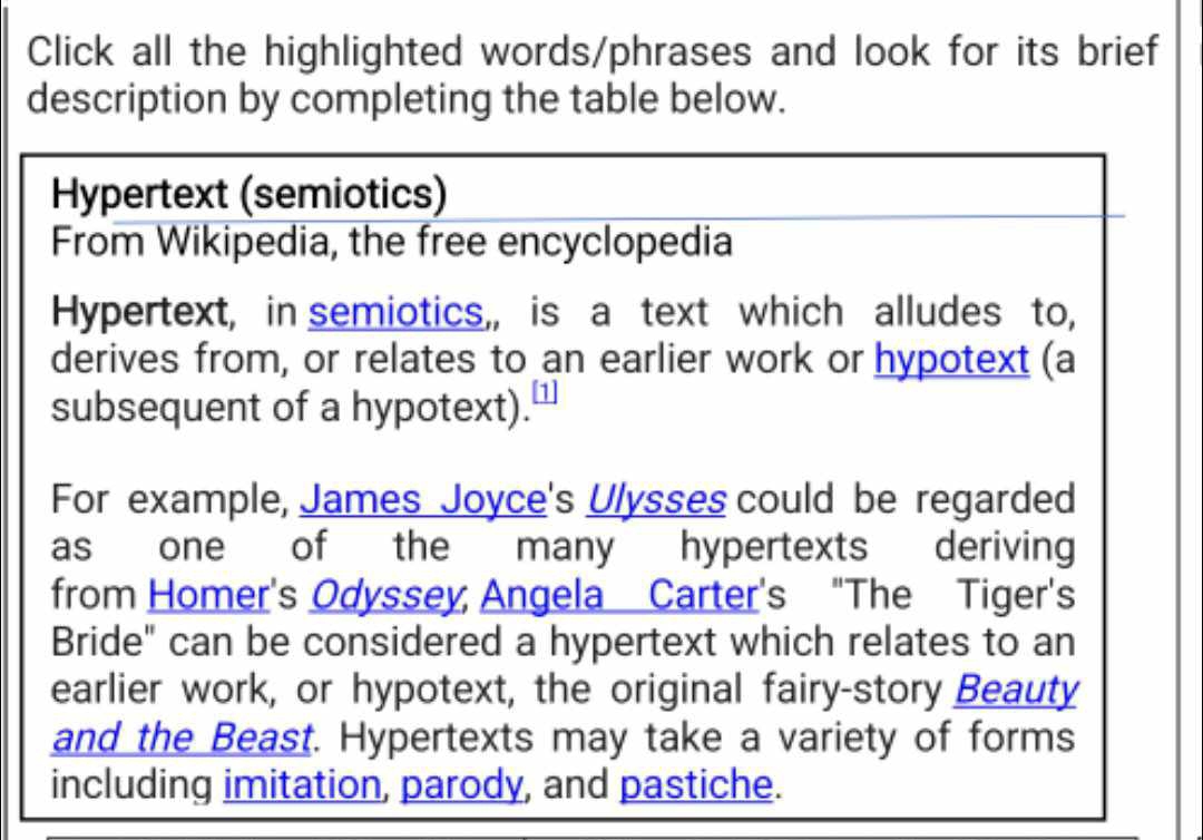 Click all the highlighted words/phrases and look for its brief 
description by completing the table below. 
Hypertext (semiotics) 
From Wikipedia, the free encyclopedia 
Hypertext, in semiotics,, is a text which alludes to, 
derives from, or relates to an earlier work or hypotext (a 
subsequent of a hypotext). 
For example, James Joyce's Ulysses could be regarded 
as one of the many hypertexts deriving 
from Homer's Odyssey, Angela Carter's "The Tiger's 
Bride" can be considered a hypertext which relates to an 
earlier work, or hypotext, the original fairy-story Beauty 
and the Beast. Hypertexts may take a variety of forms 
including imitation, parody, and pastiche.