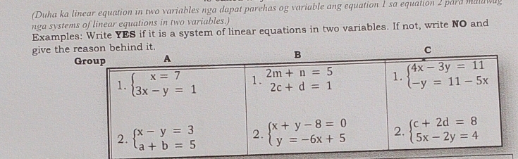 (Duha ka linear equation in two variables nga dapat parehas og variable ang equation 1 sa equation 2 pard malawag
nga systems of linear equations in two variables.)
Examples: Write YES if it is a system of linear equations in two variables. If not, write NO and
giv