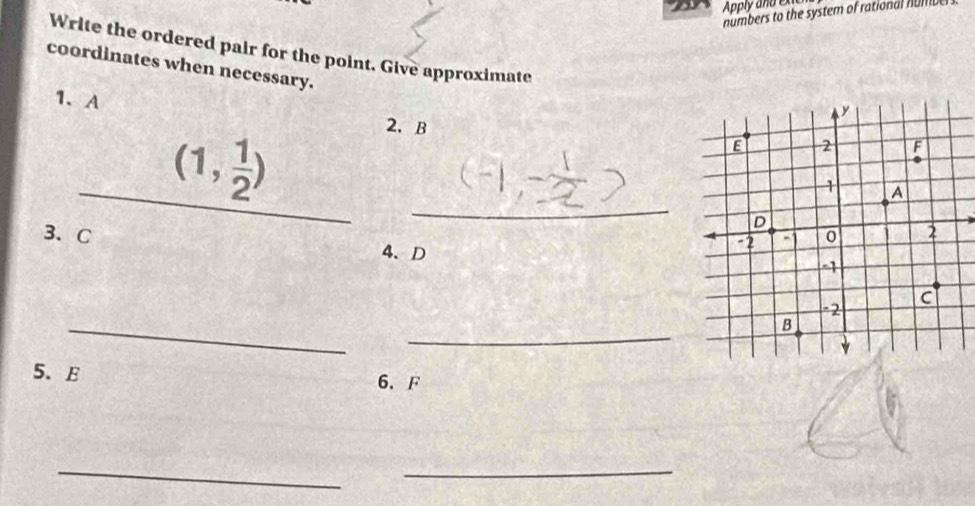 Apply and exte 
numbers to the system of rational number 
Write the ordered pair for the point. Give approximate 
coordinates when necessary. 
1. A
_ (1, 1/2 ) __ 
2. B
_ 
3、 C
4、 D
_ 
_ 
5. E
6. F
__